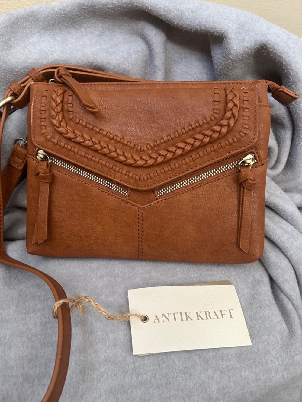 ANTIK KRAFT Vegan Leather Multi Pocket Crossbody Cognac Burnished Brass Hardware